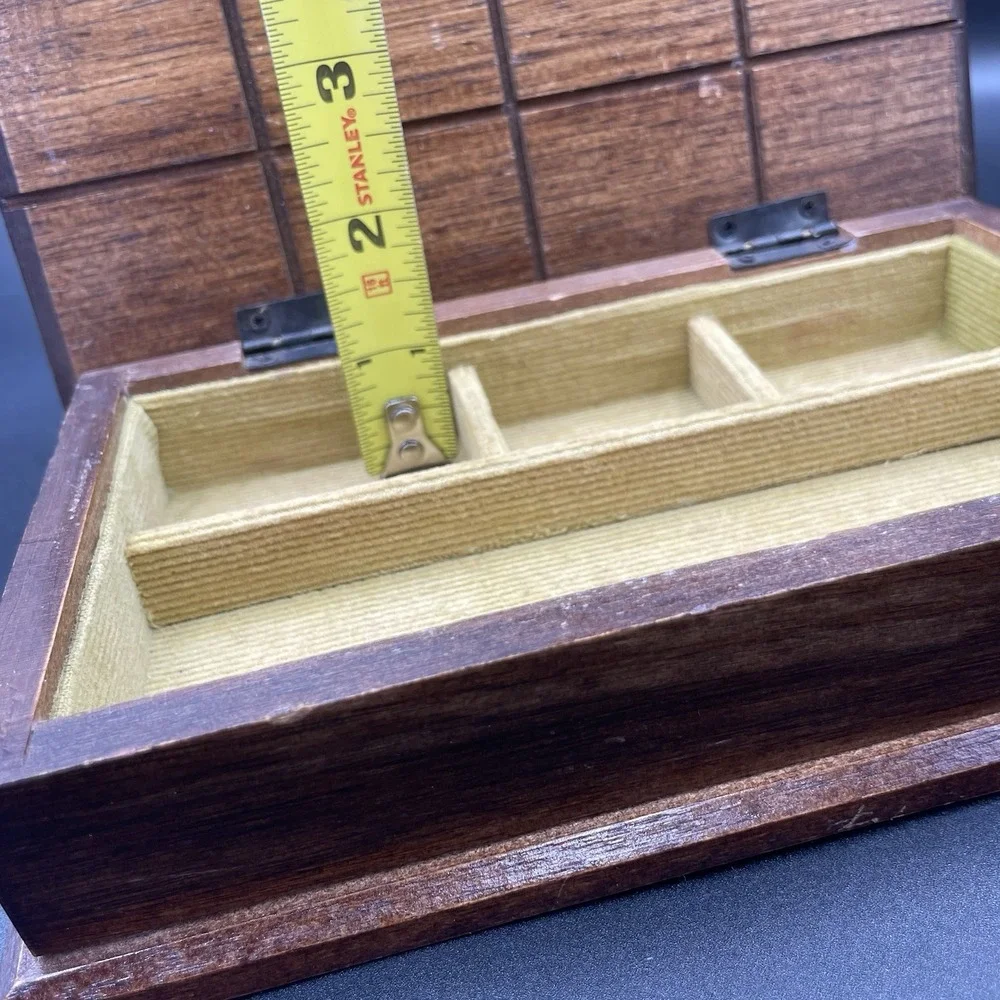 Vintage Carved Wooden Jewelry Box with Green Corduroy Lining Hinged Lid - MCM